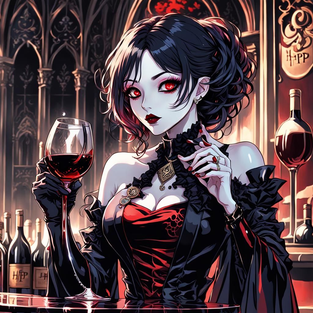 Gothic Anime Girl Sipping Magic Potion Art