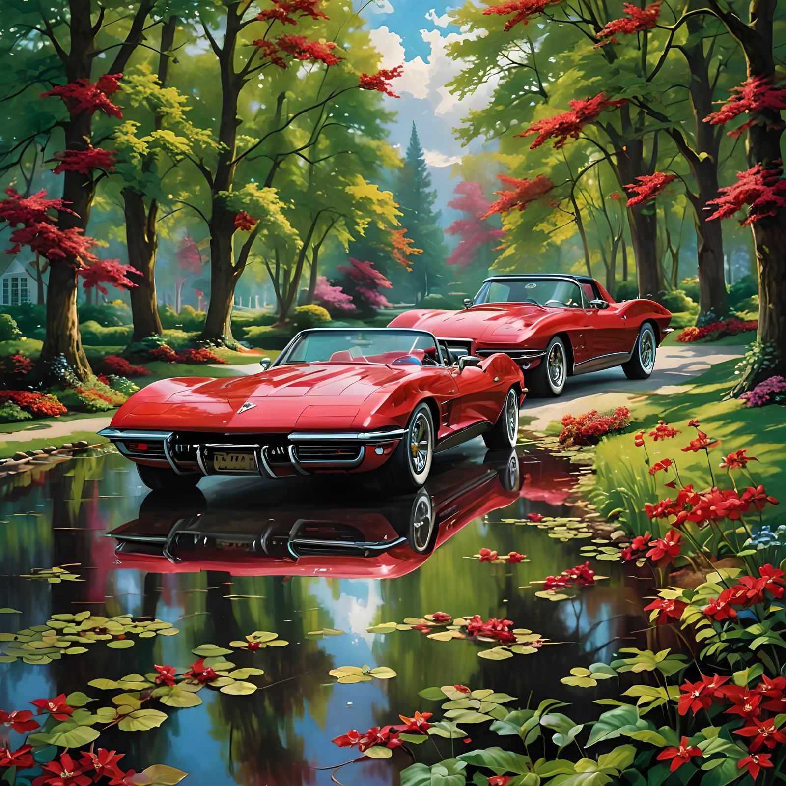 Twin Cherry Red Corvettes: Artistic Illustration