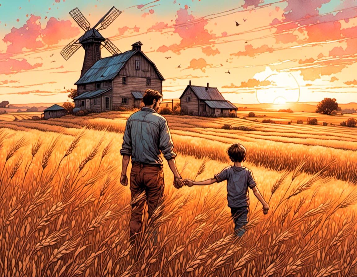 Farmer and Son in Wheat Field at Sunrise