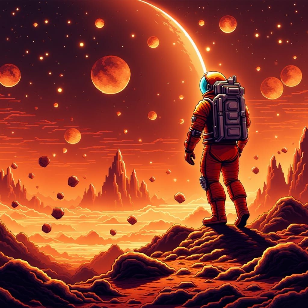 Burnt orange spaceman navigating an asteroid field <lora:Bit Code Breaker:1.0>