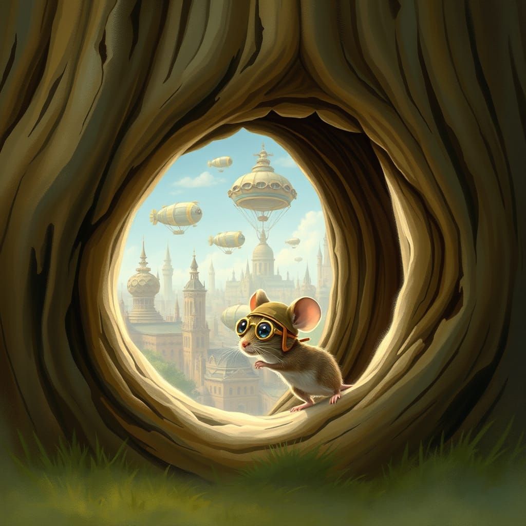 Steampunk Mouse Pilot Discovering Victorian City