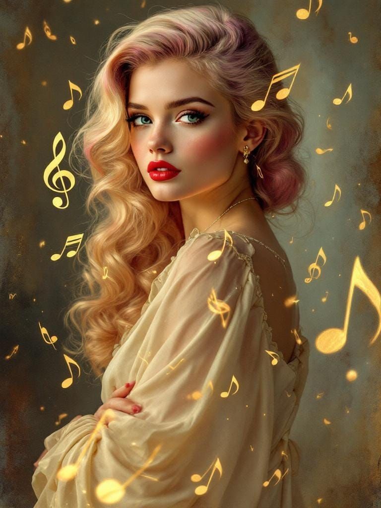Pin-Up Woman in Art Nouveau Style with Music Overlay