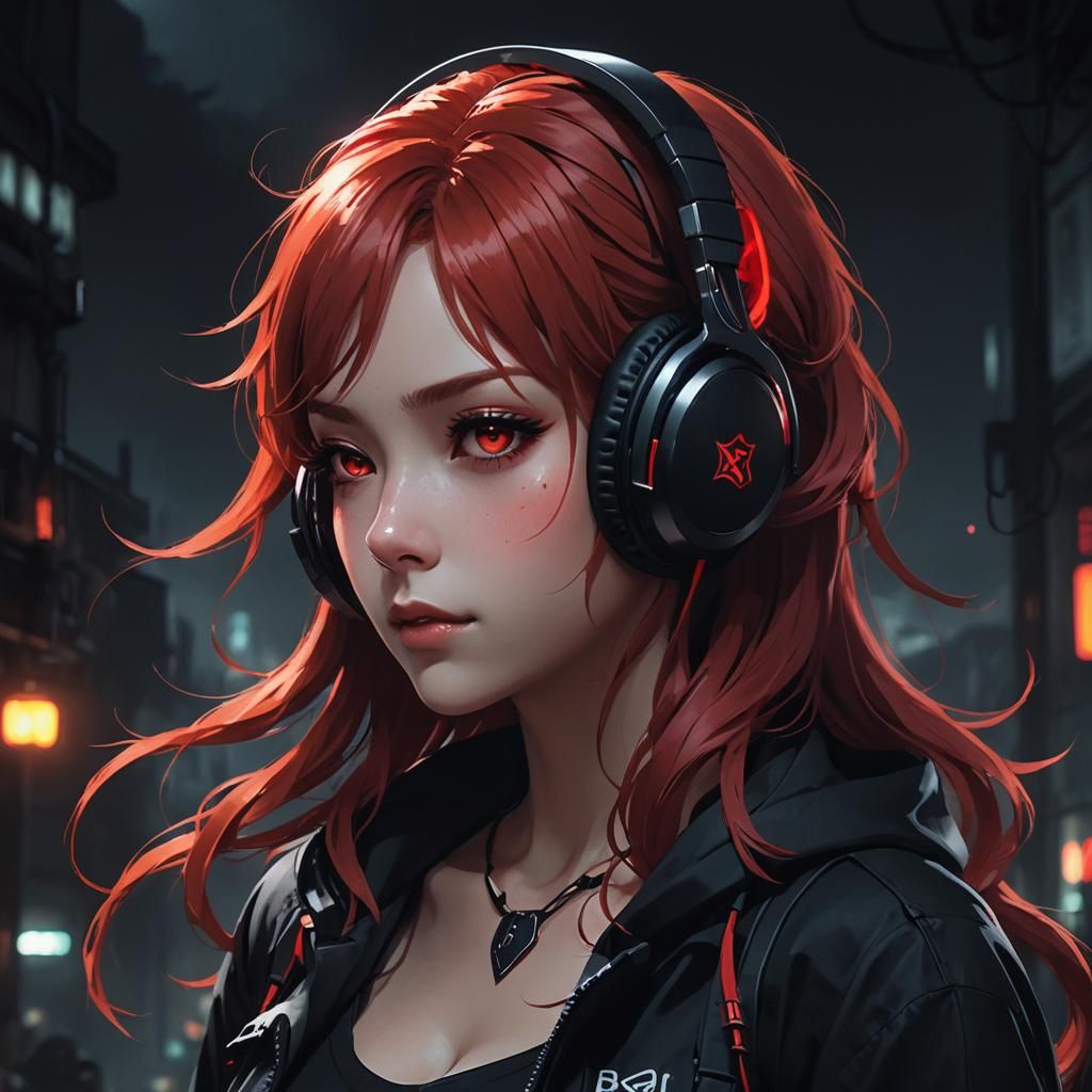 Anime Girl with Red Hair in Dark Fantasy Style