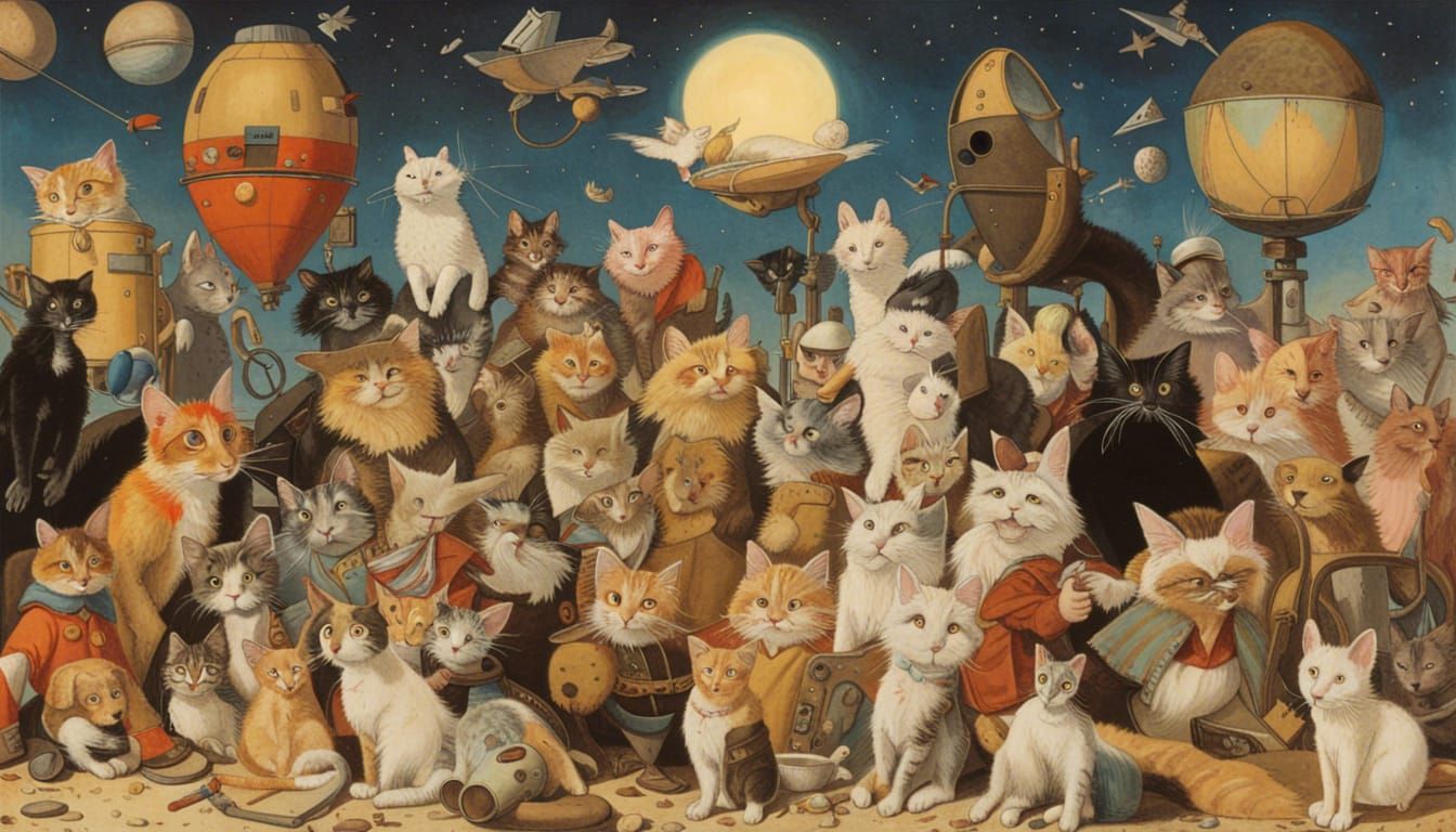 Cartoon Animals in Space Port, Bosch-Style Painting