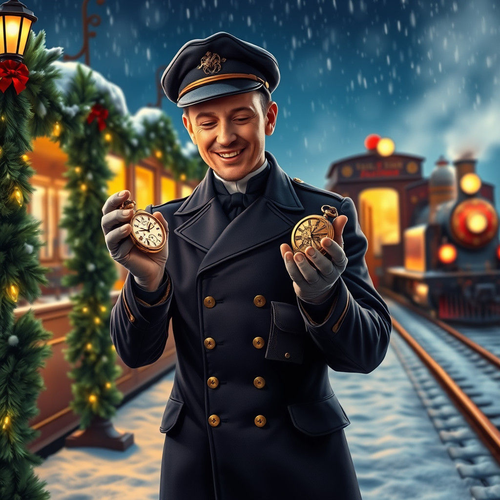 Victorian Train Conductor in Christmas Scene as Illustration