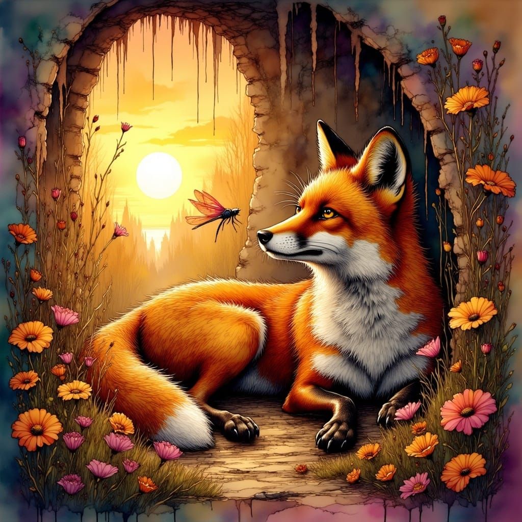 Red Fox in Ruined Den, Fauvist Photorealism