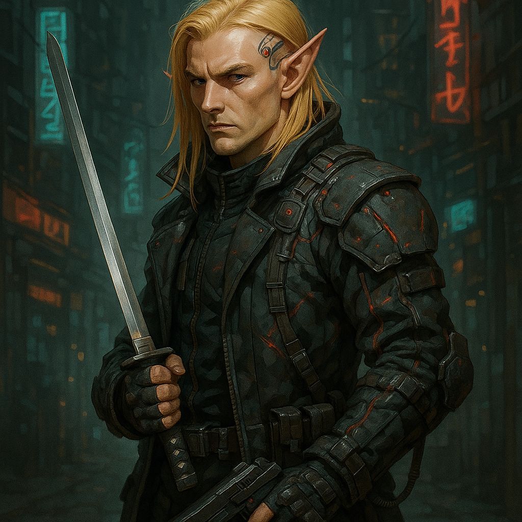 Cyberpunk Male Elf Street Samurai in Blonde Hair