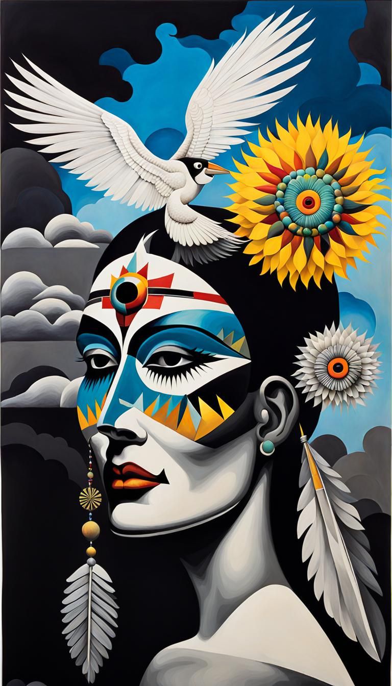 Native American Thunderbird  in  flight,  sun,   Azteca, dra...