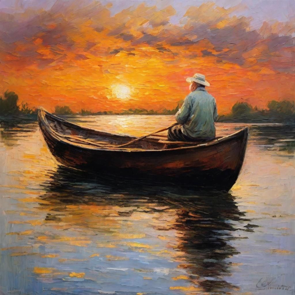 Sunset Fishing Boat: Impressionistic Brushwork Painting