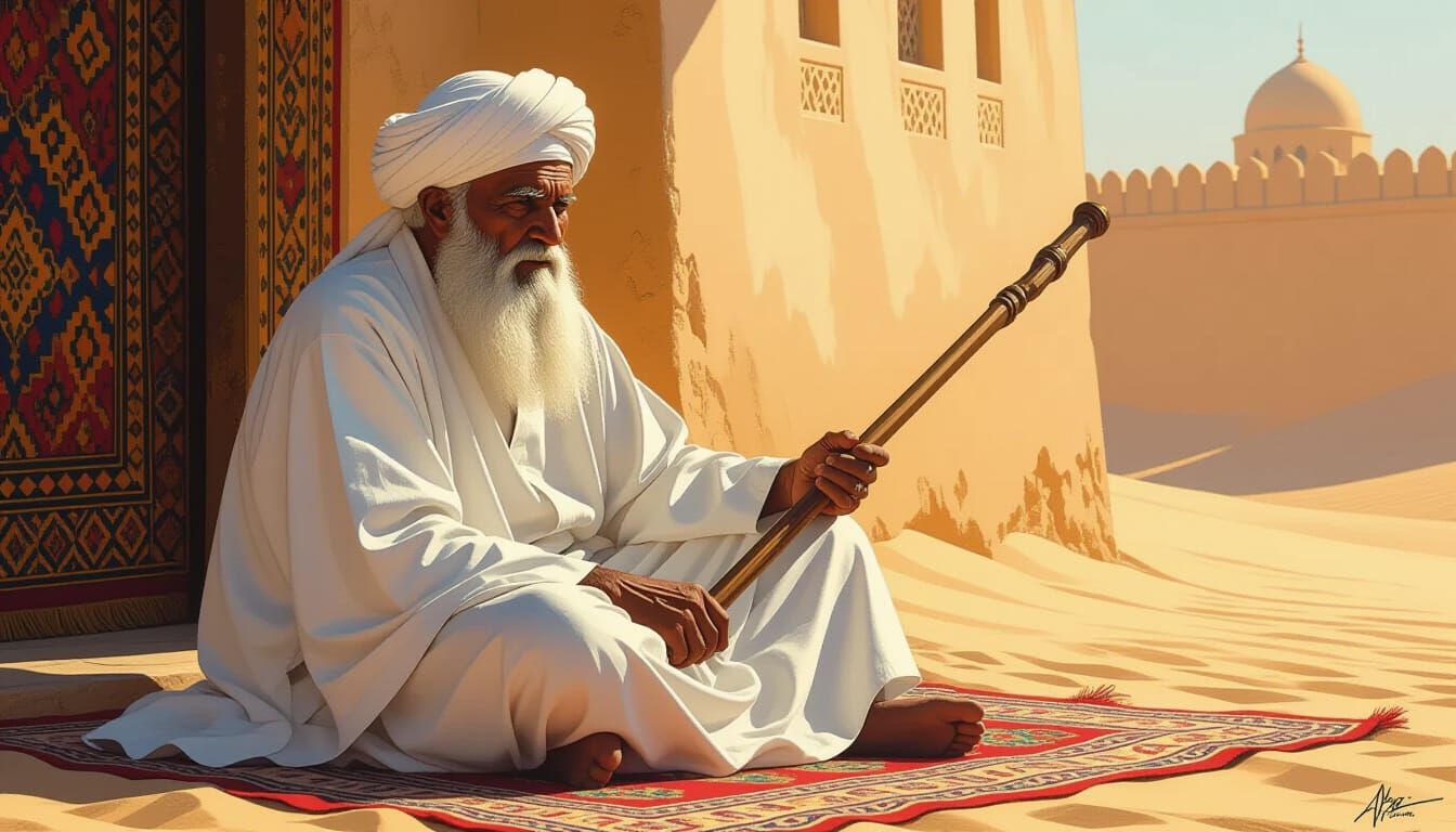 Wise Muslim Elder in Desert Council, Hyperrealistic Art
