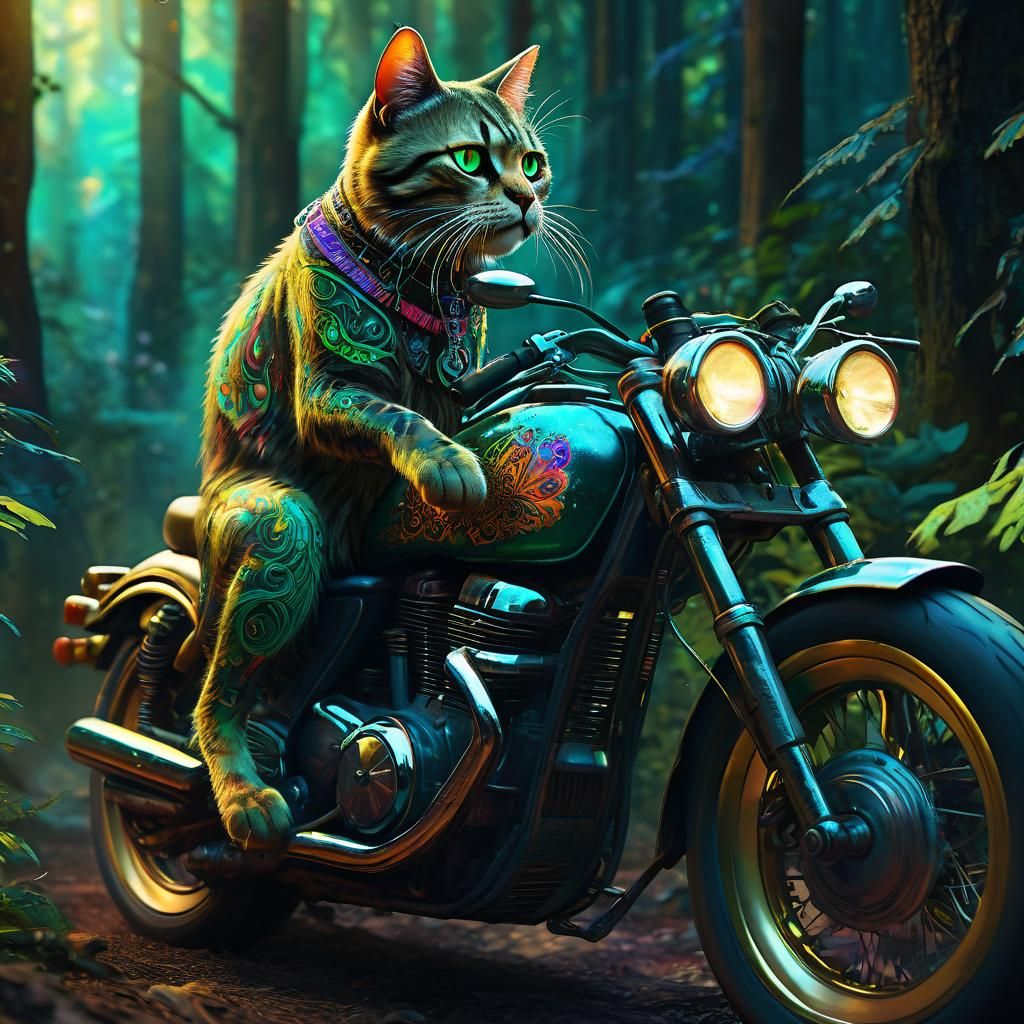 Psychedelic Hippie Cat on a Motorcycle Through a Lush Forest