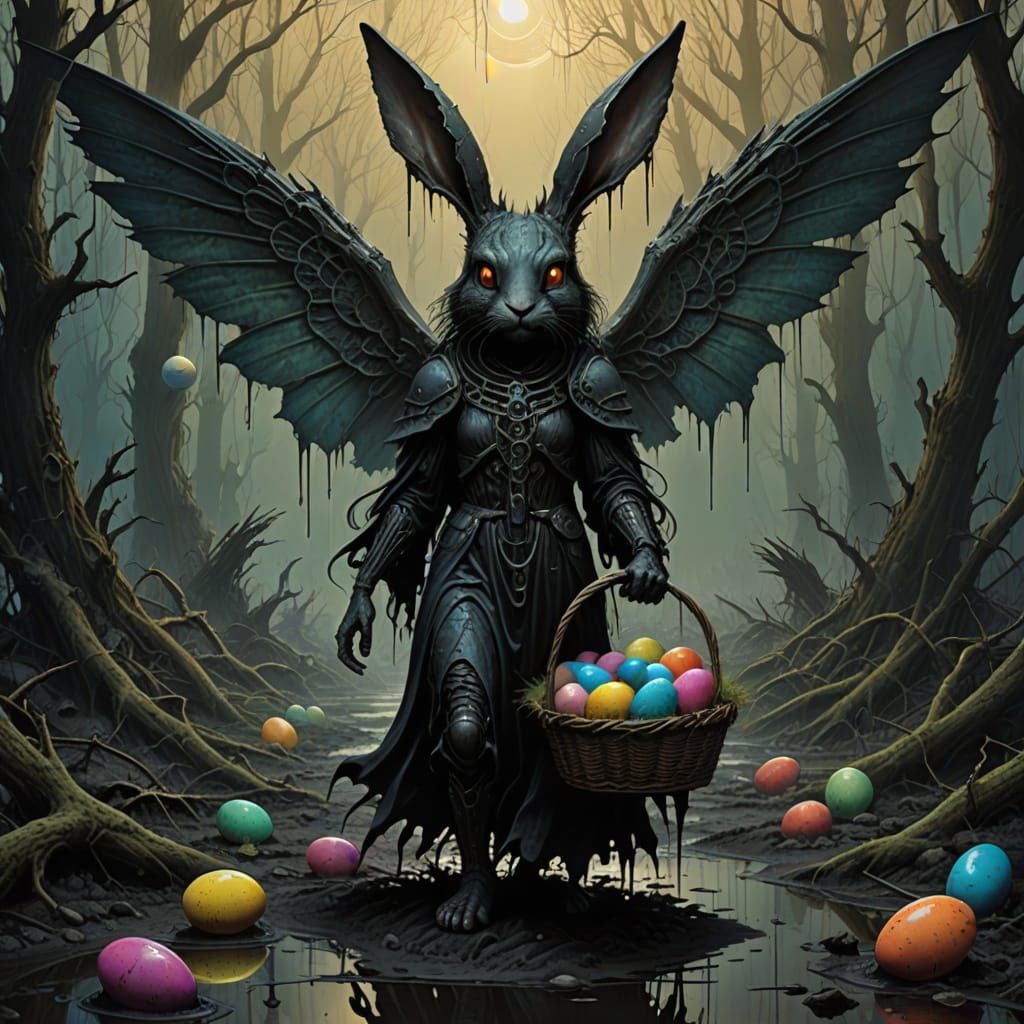 Dark Fairy Easter Bunny in Tattered Wings and Corrupted Eggs