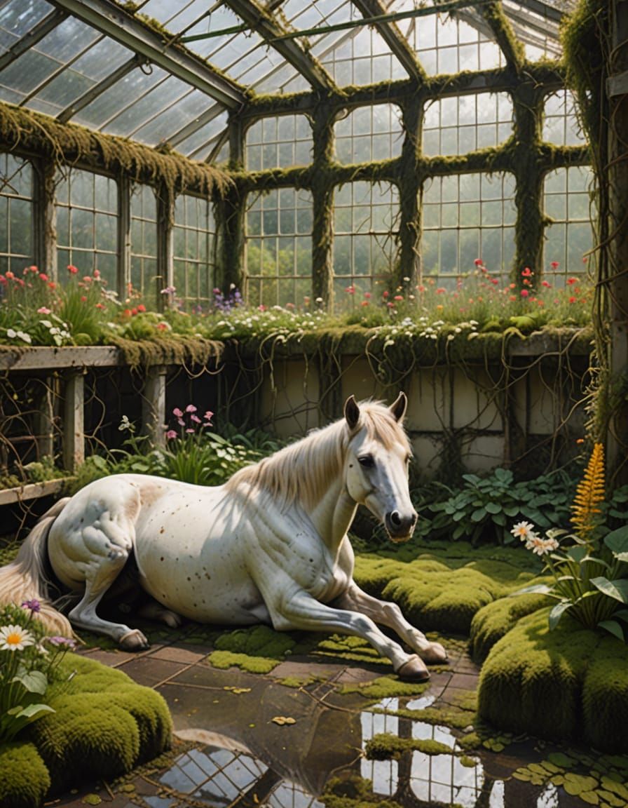 Dog Resting in Overgrown Greenhouse, Painterly Realism