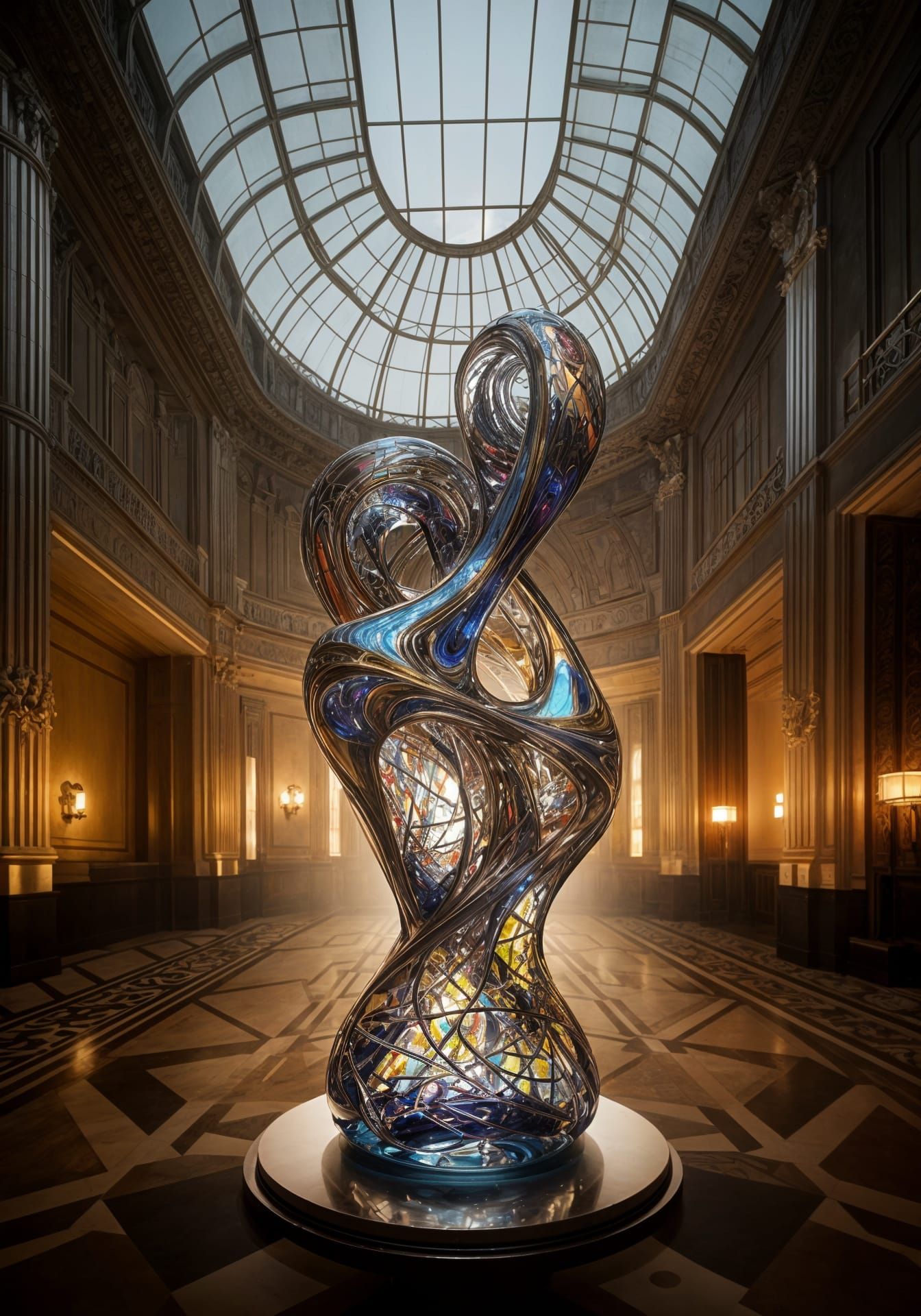 Hyperdetailed Art Deco Glass Sculpture in Elegant Museum Set...