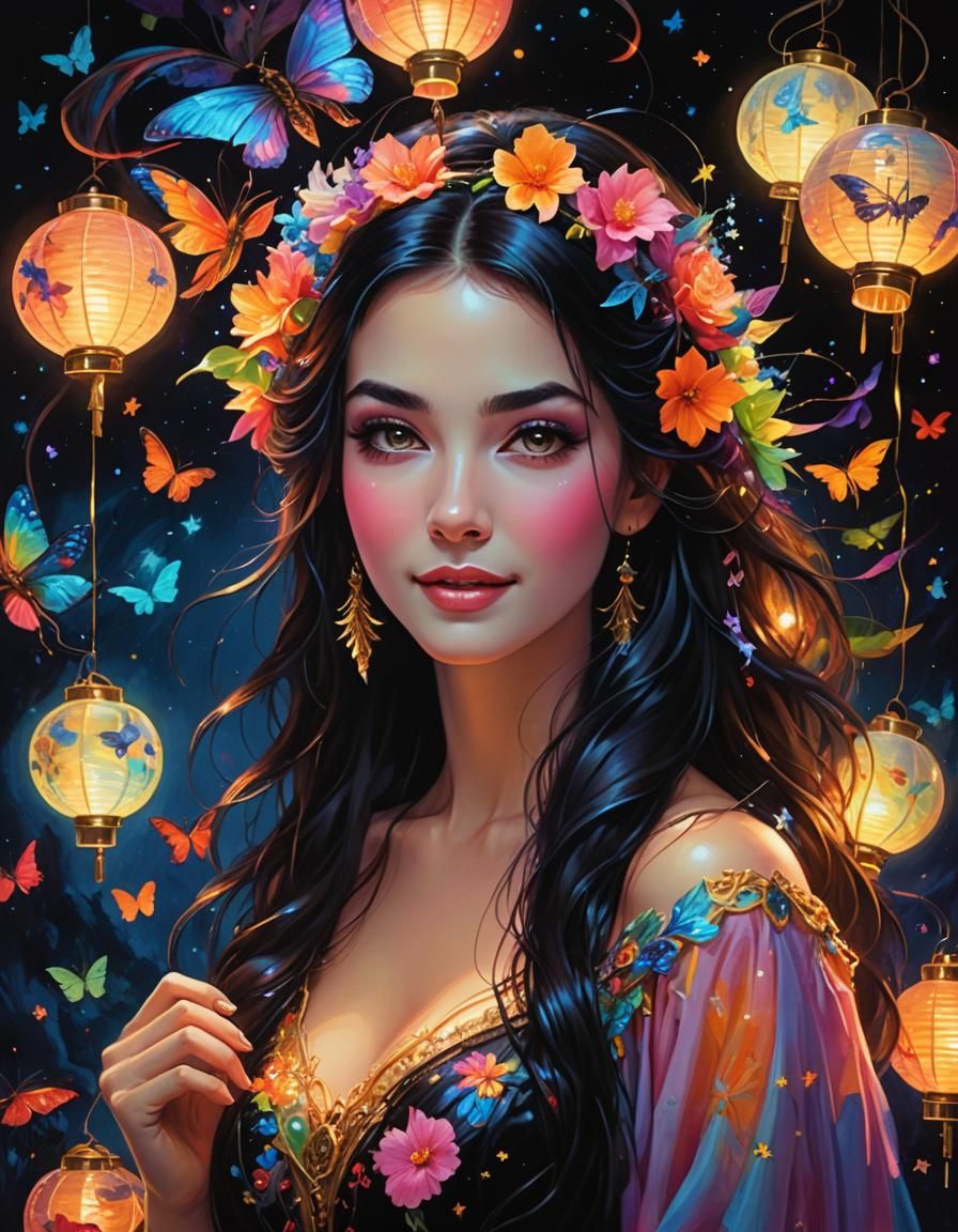 Woman with Neon Glow in Hyperrealistic Oil Painting