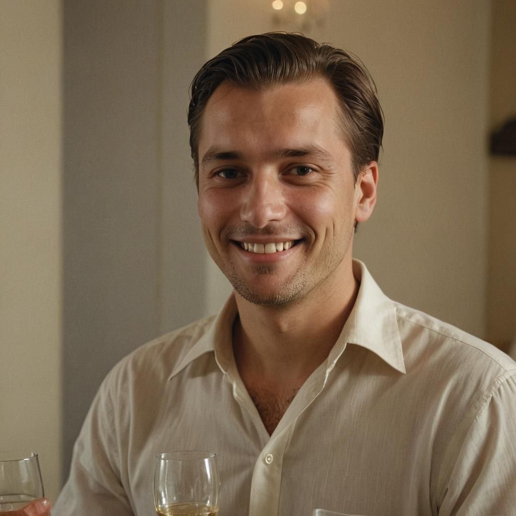 Man Smiling at Wedding: Photorealistic Film Still