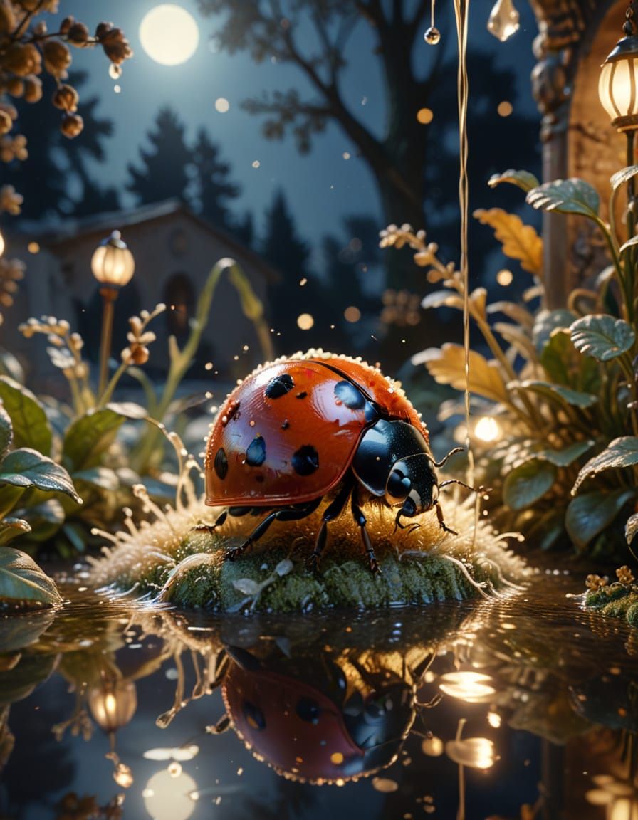 Surreal Ladybug Fountain of Light in Moonlit Courtyard