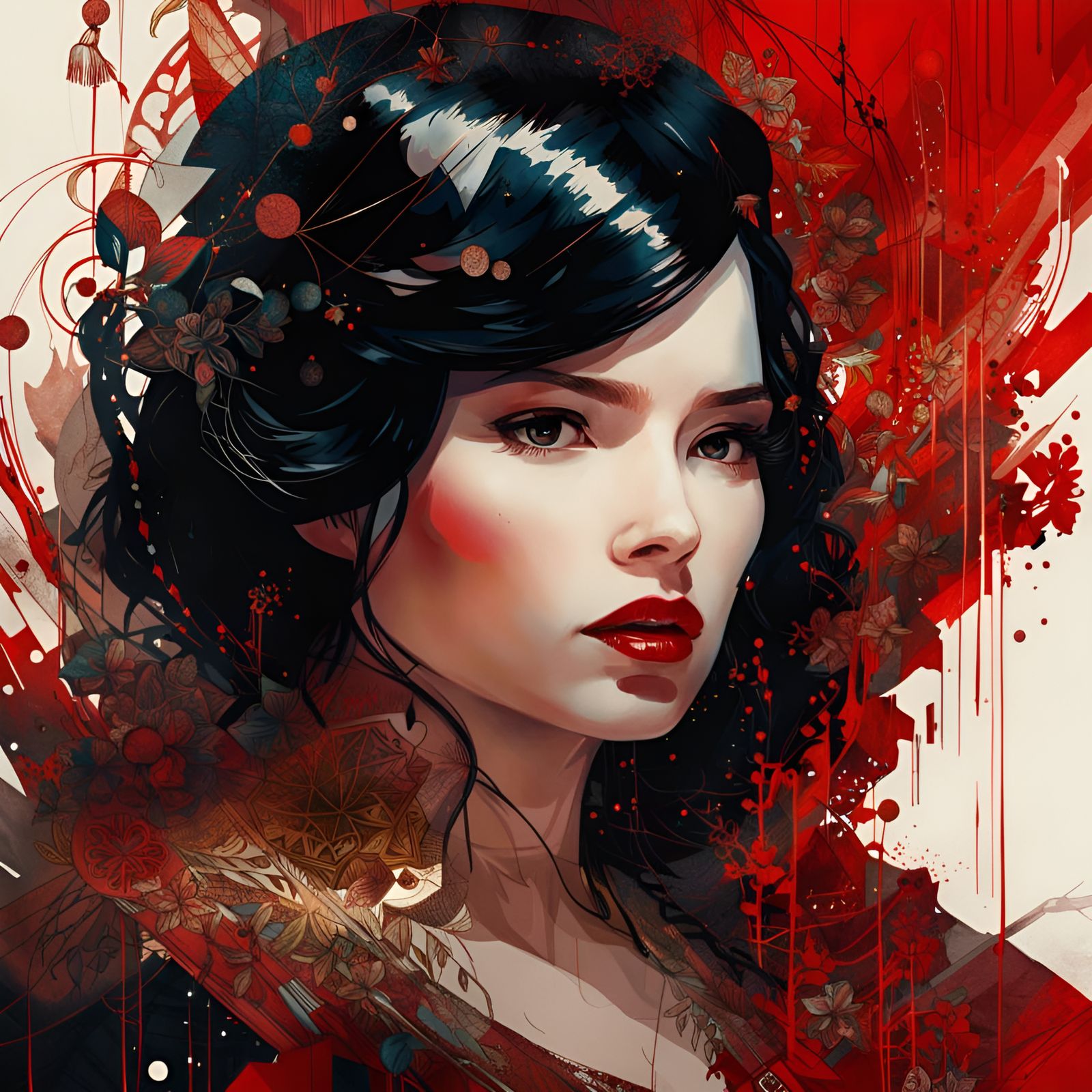 Princess Snow White Portrait with Red Filigree