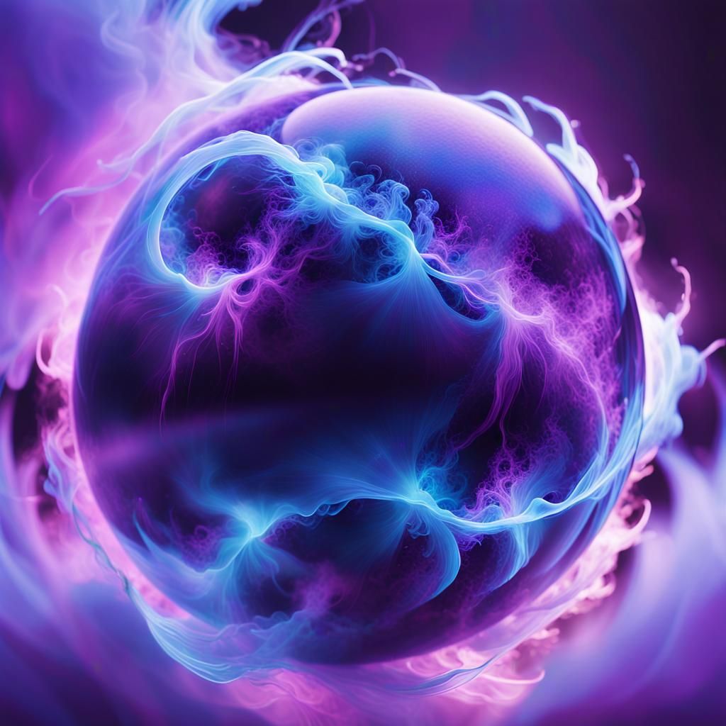 Glowing Blue Sphere Amidst Swirling Purple Mist