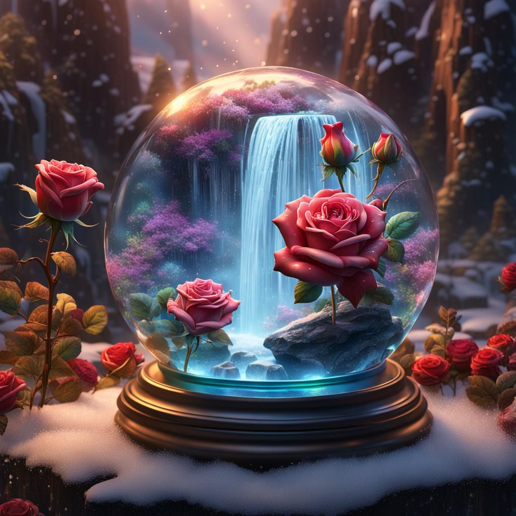 Rainbow Roses in Glass Snow Globe with Waterfall