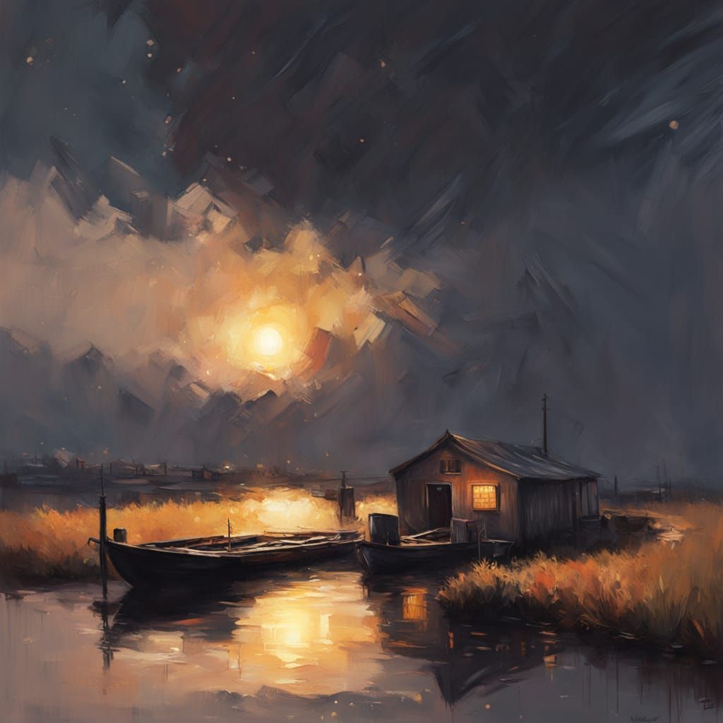 Impressionist Painting of a Hay Barge at Twilight