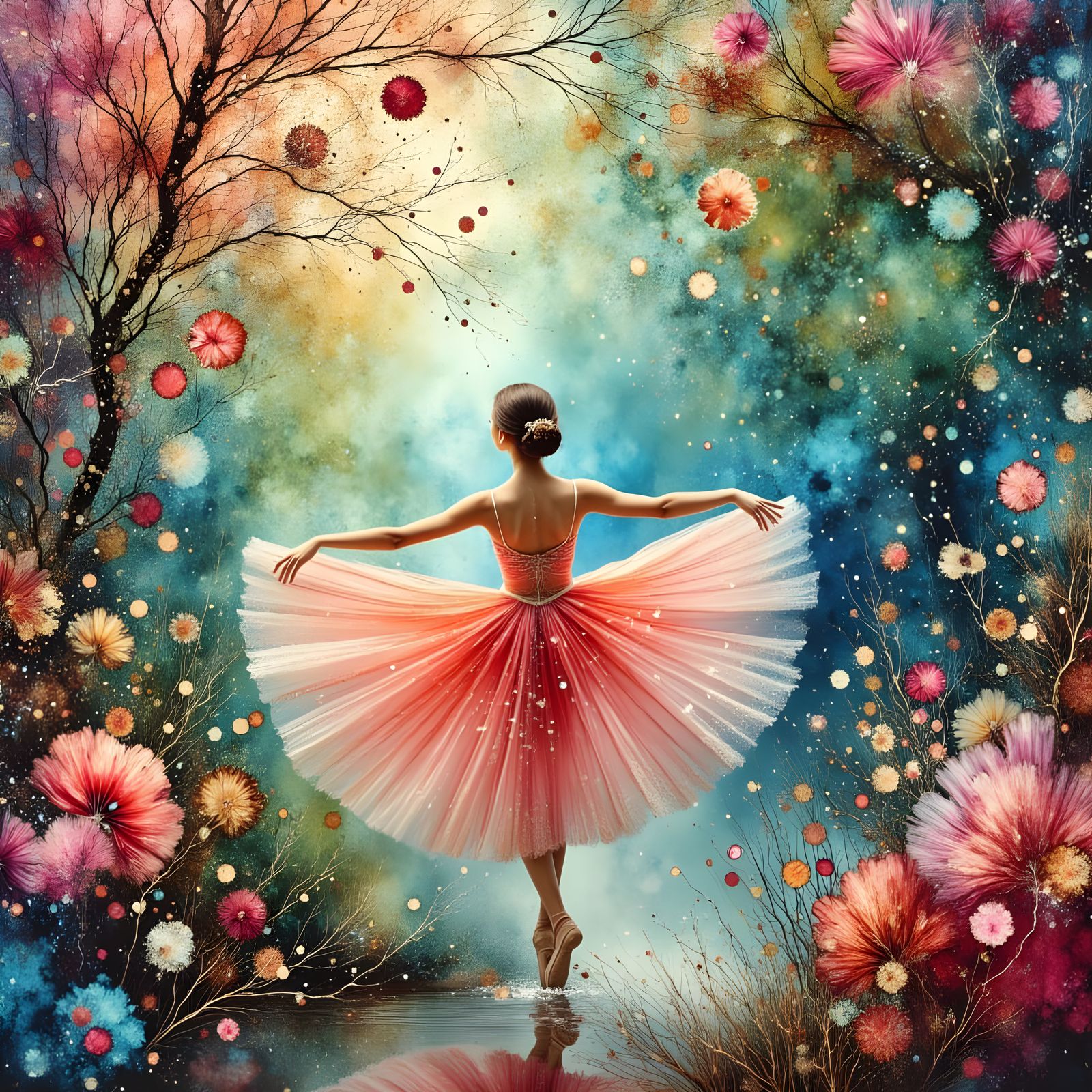 Ballerina Dancing in Magical Forest, Monet Style Painting