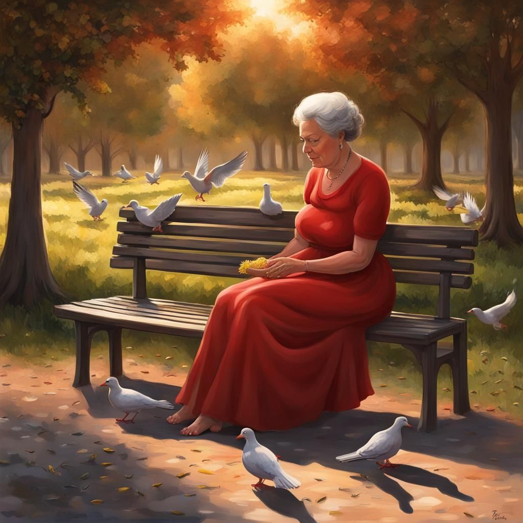 Woman Feeding Doves at Sunset in 3D