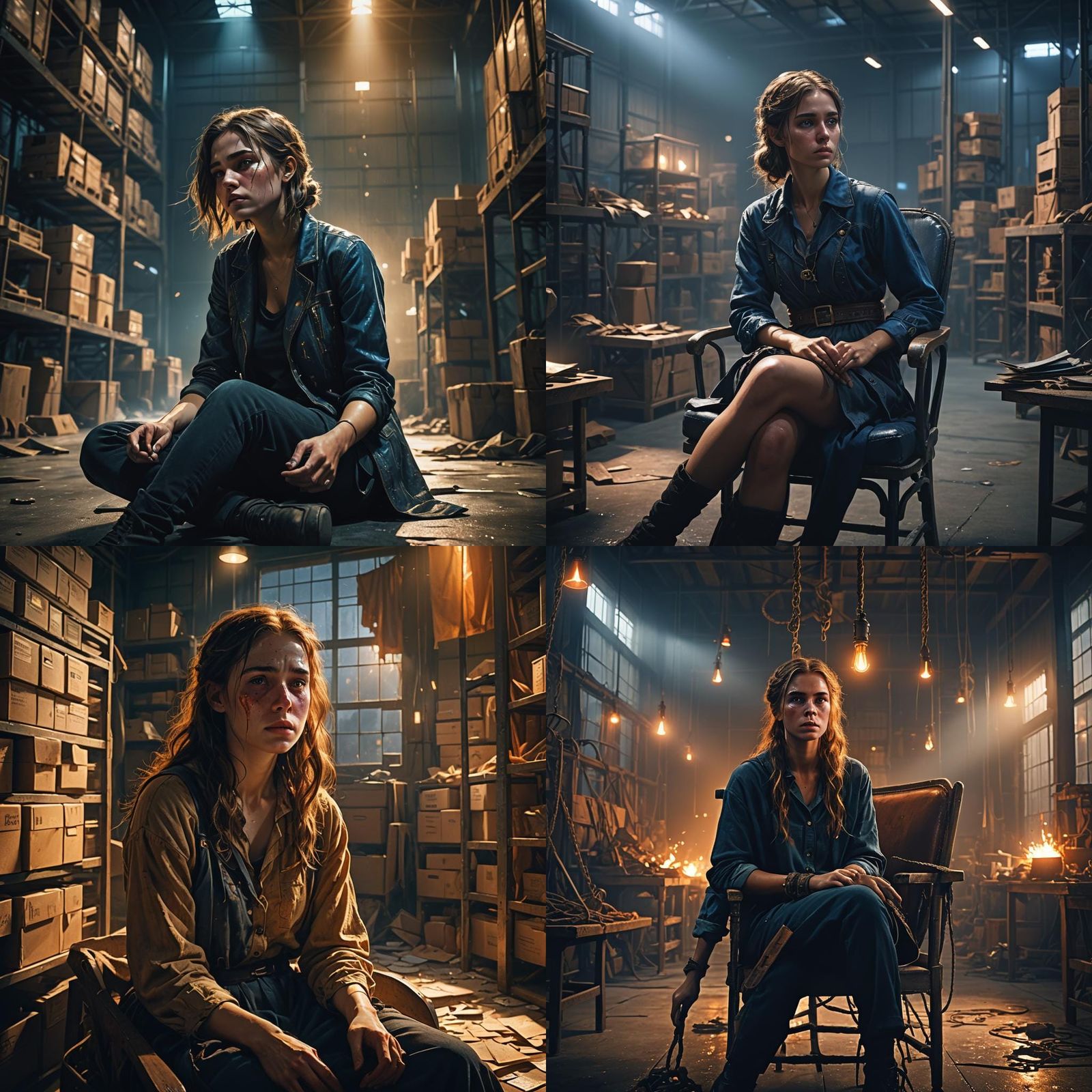 Captive Woman in Warehouse: Detailed Matte Painting