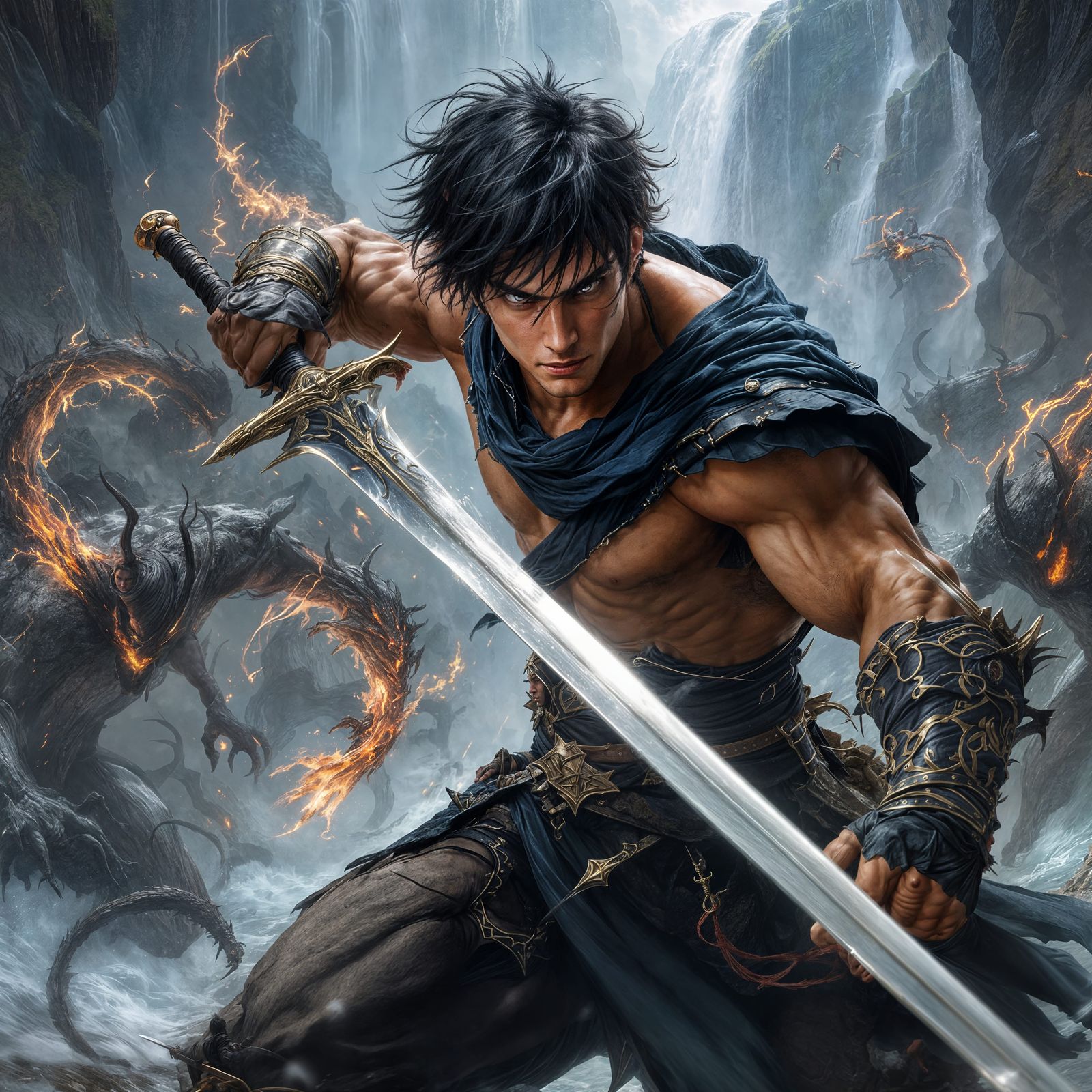 Medieval Fantasy Swordsman Battles Demons on Waterfall
