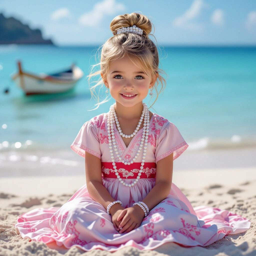 Girl in Pink Dress on Beach, Digital Art