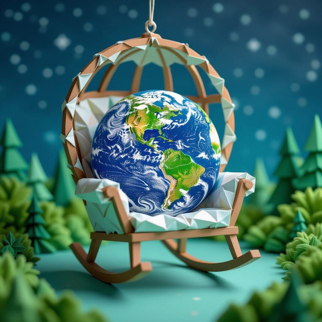 Earth in Rocking Chair Suspended in Starry Space