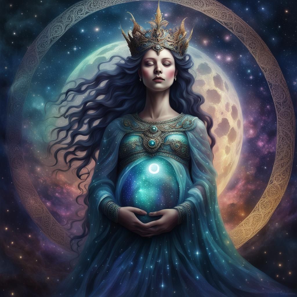 Mystical Pregnant Queen in Ethereal Moonscape