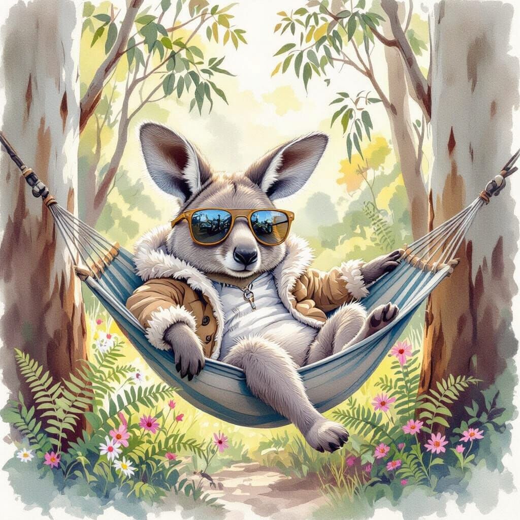 Kangaroo-Dog Hybrid Lounging in Hammock, Watercolor Painting