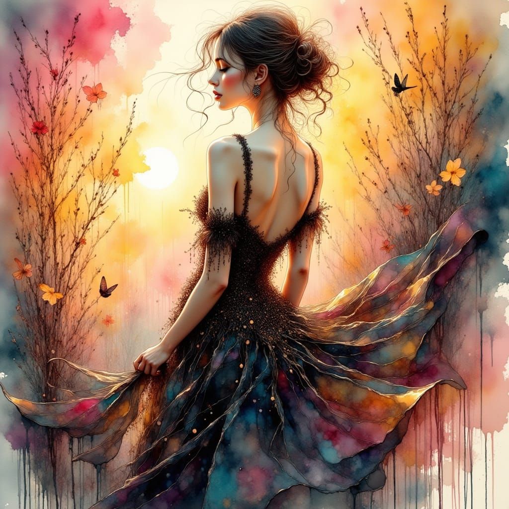 Elegant Woman in Dissolving Watercolor Dress