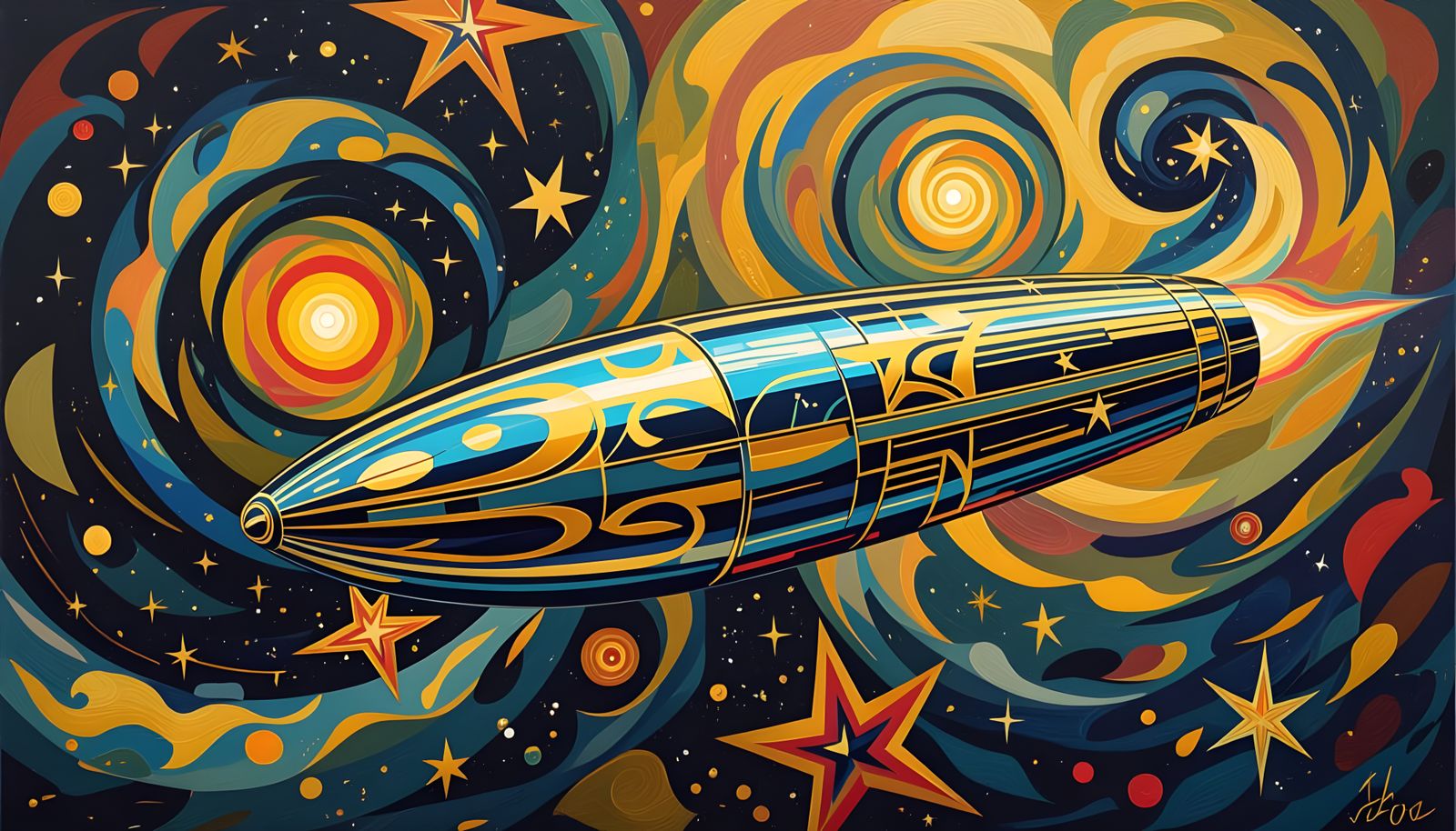 Iridescent Cylinder Races Through Impasto Cosmos