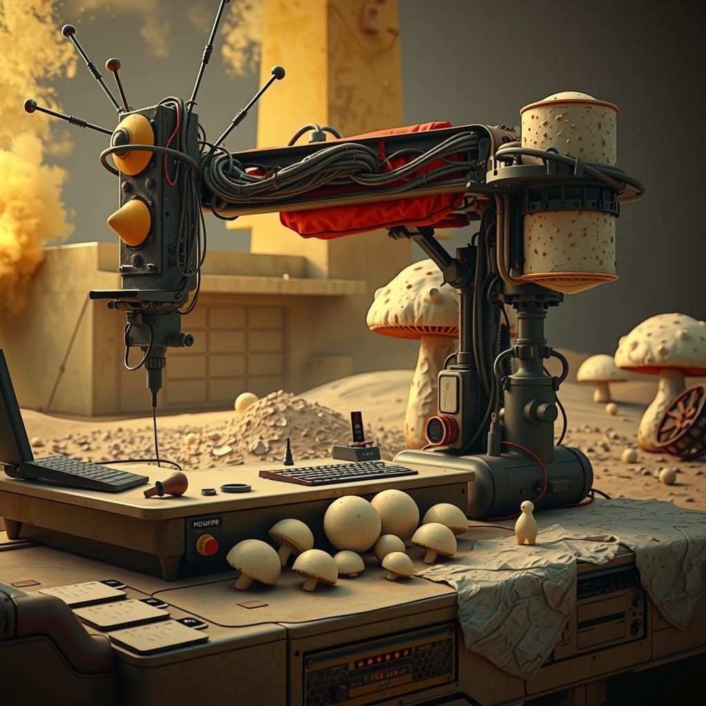 Renaissance Computer with Mushroom Flags in Hyperrealism