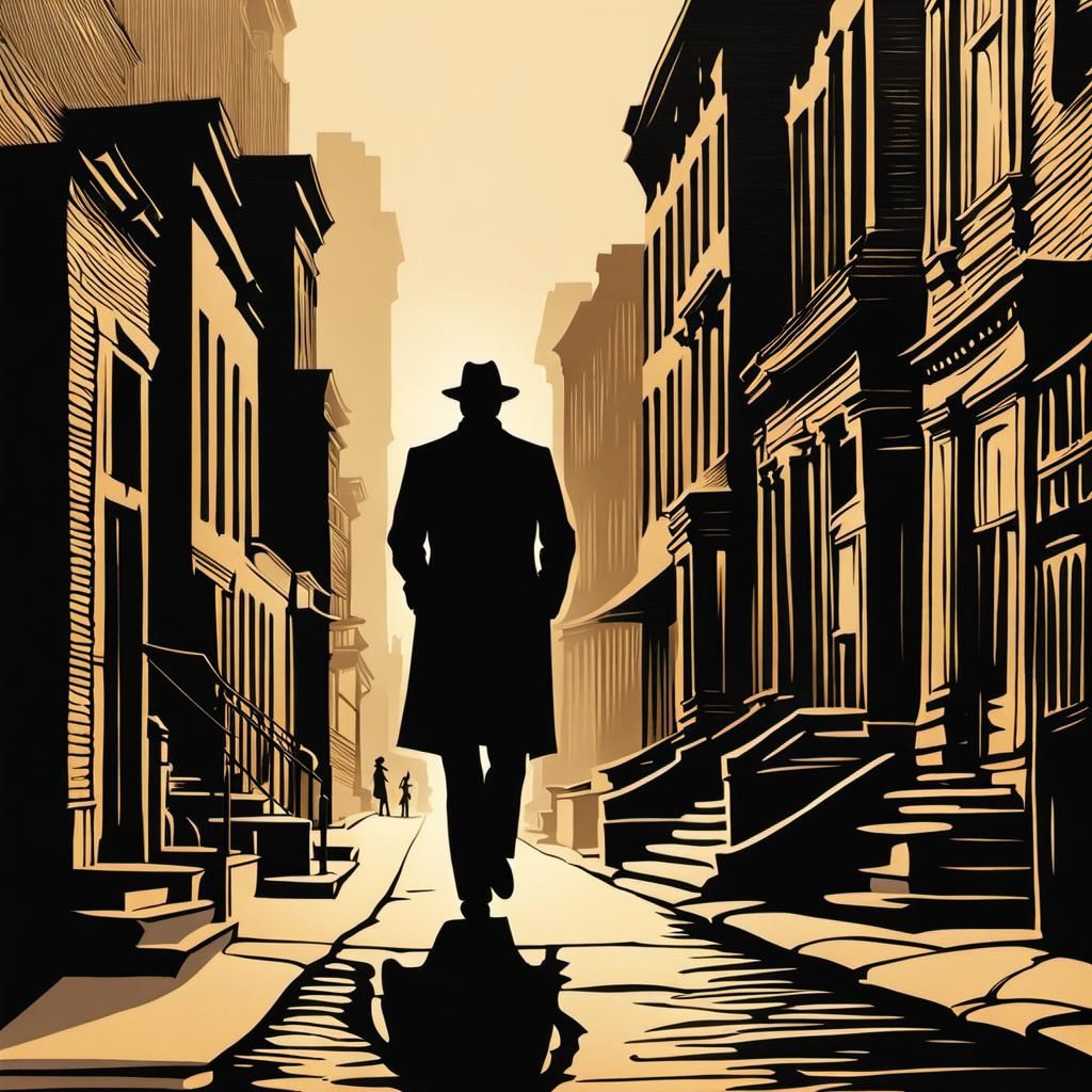 Silhouette of a tall man in a fedora on a dimly lit street hudson river school