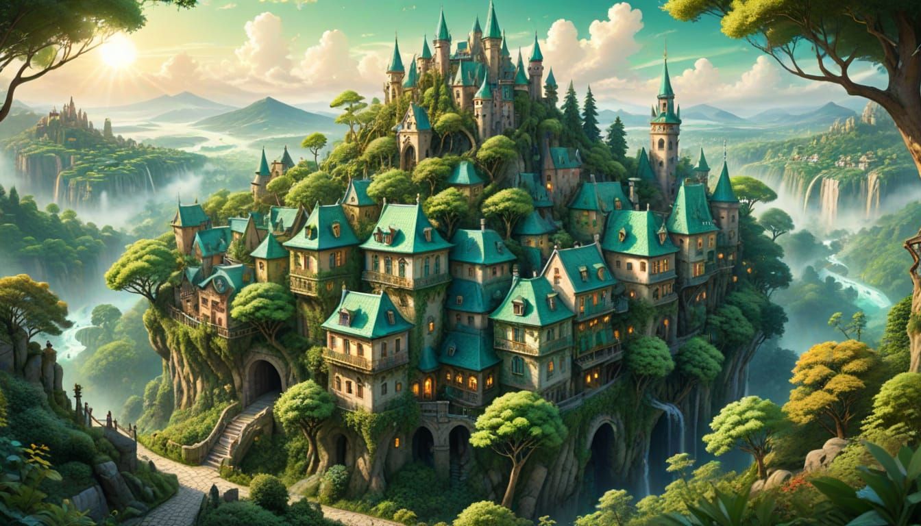 Whimsical Forest City in Vibrant Watercolor Style