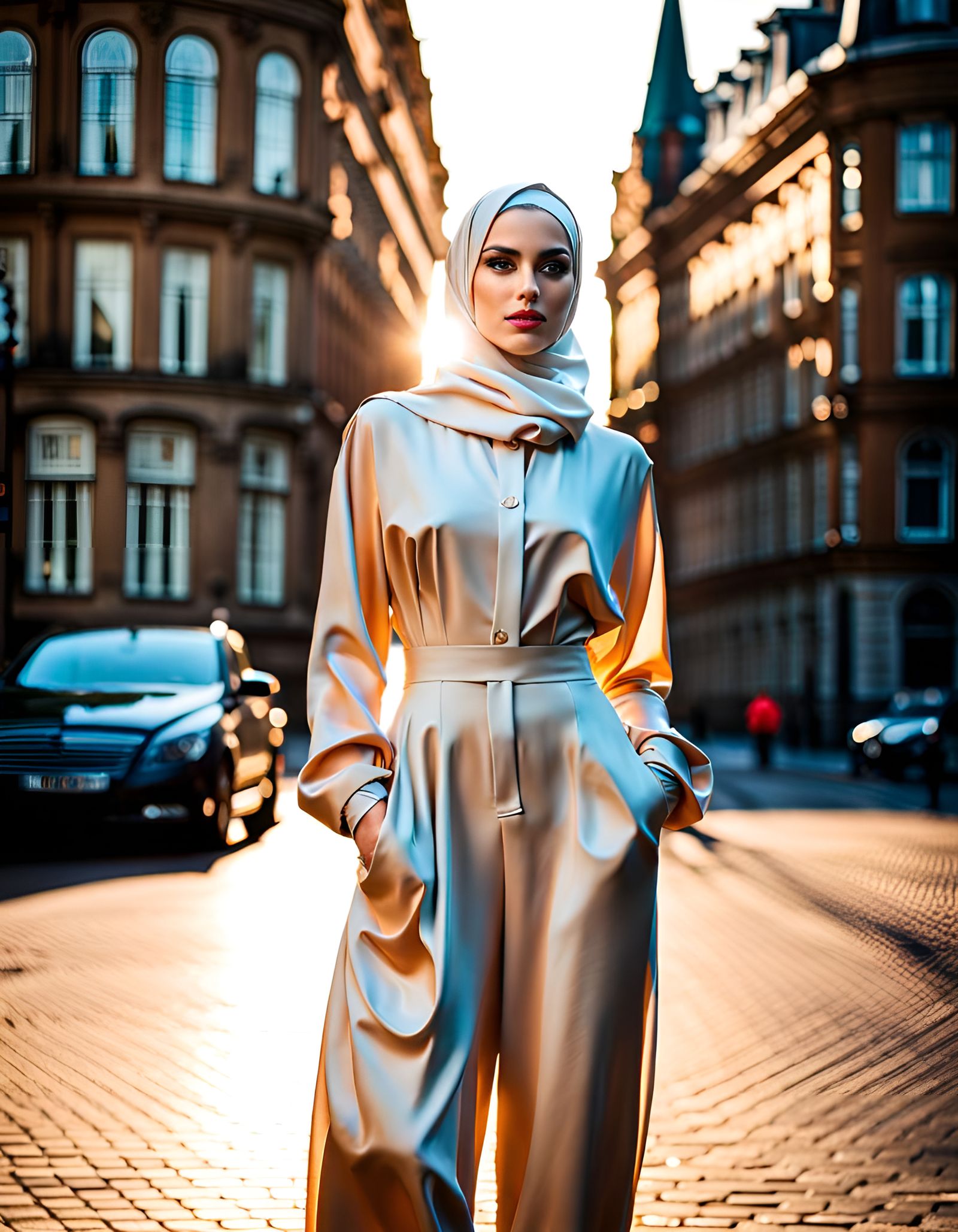 German Woman in Hijab and Silk Jumpsuit
