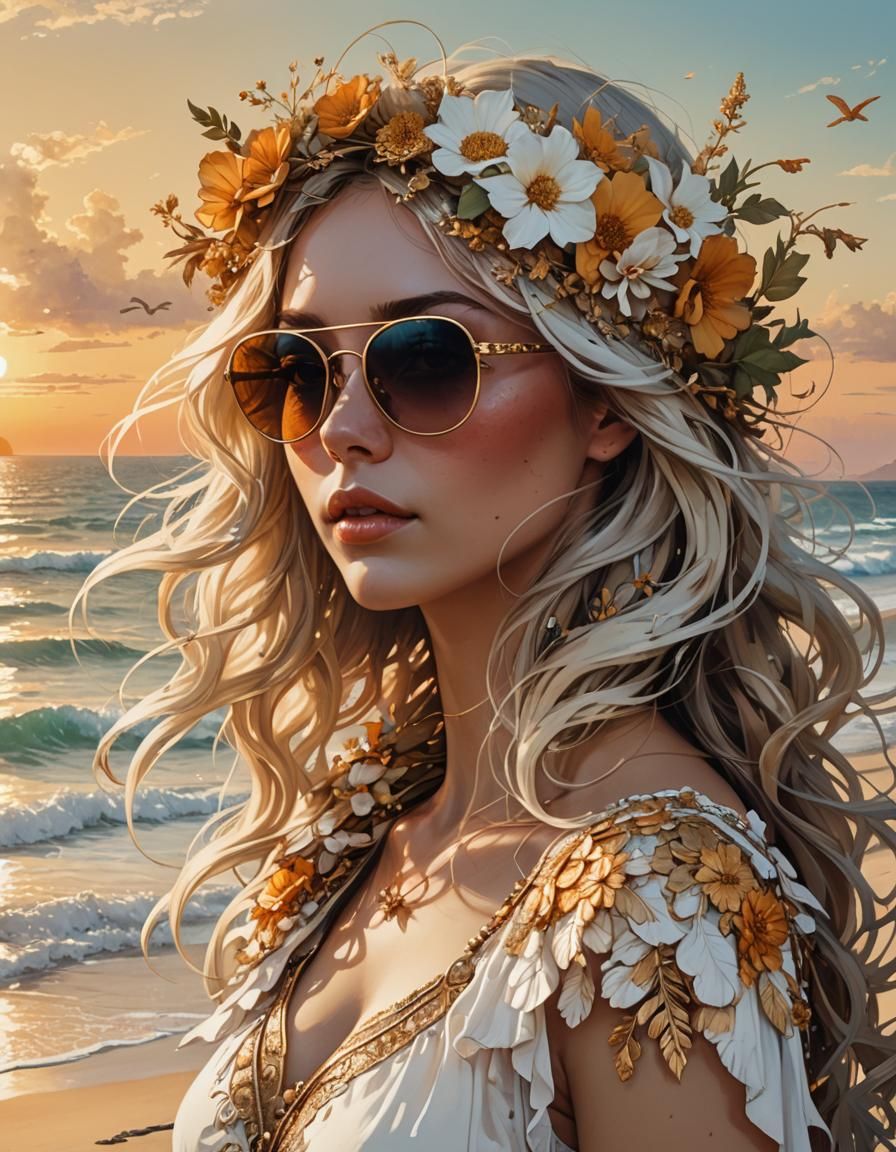 Girl in Sunglasses: Beach Sunset Ink Illustration