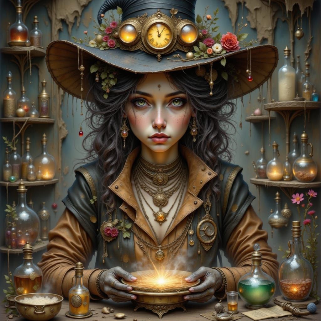 Steampunk Witch in Clockwork Laboratory Concept Art
