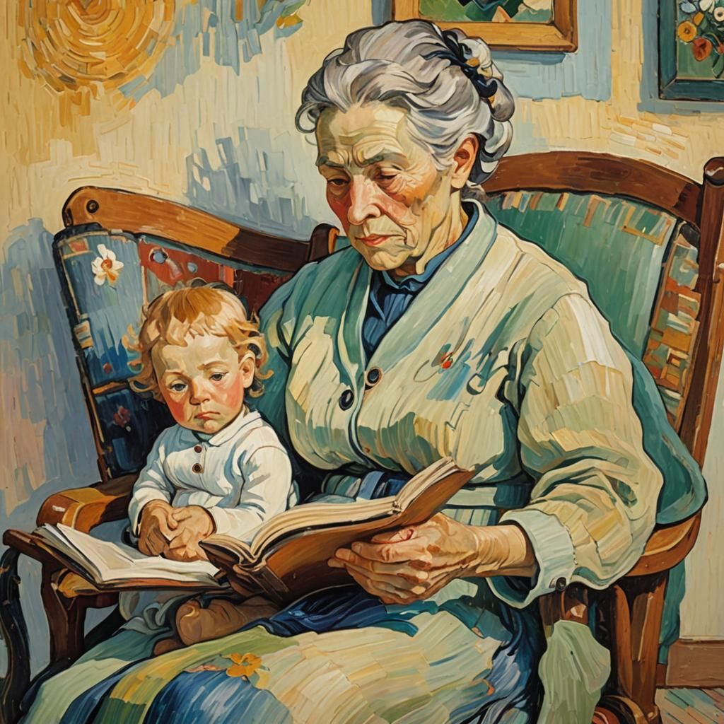 Grandmother and Child Reading, Neo-Impressionist Oil Paintin...