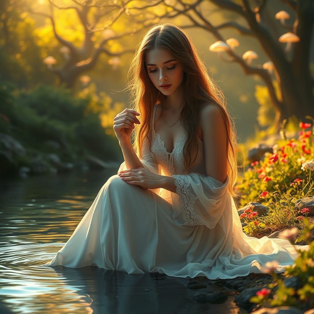 Mystical Woman by River in Dreamlike Fantasy Art