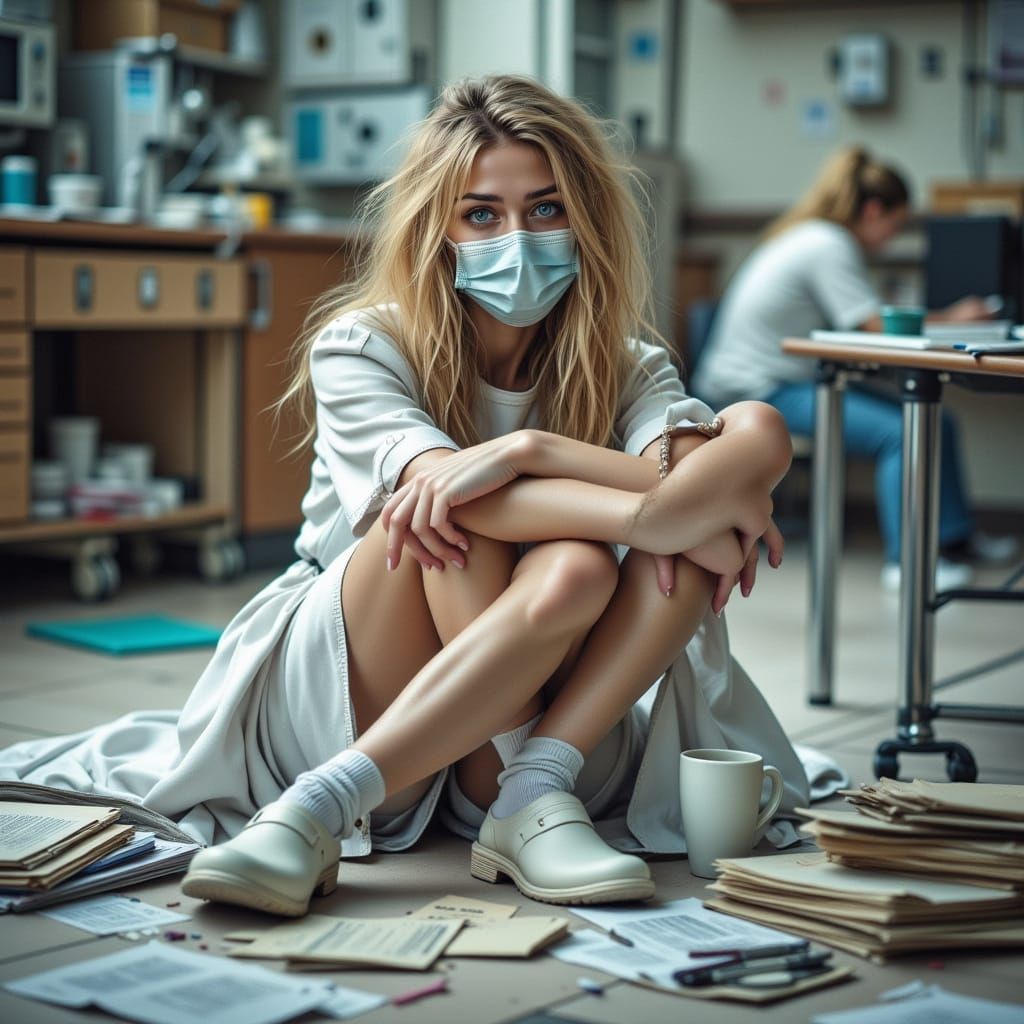 Tired Nurse with Coffee, Realistic HD Photo