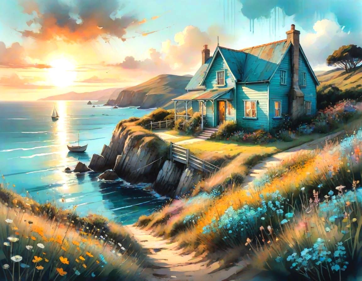 Seaside Cottage in Watercolor Style