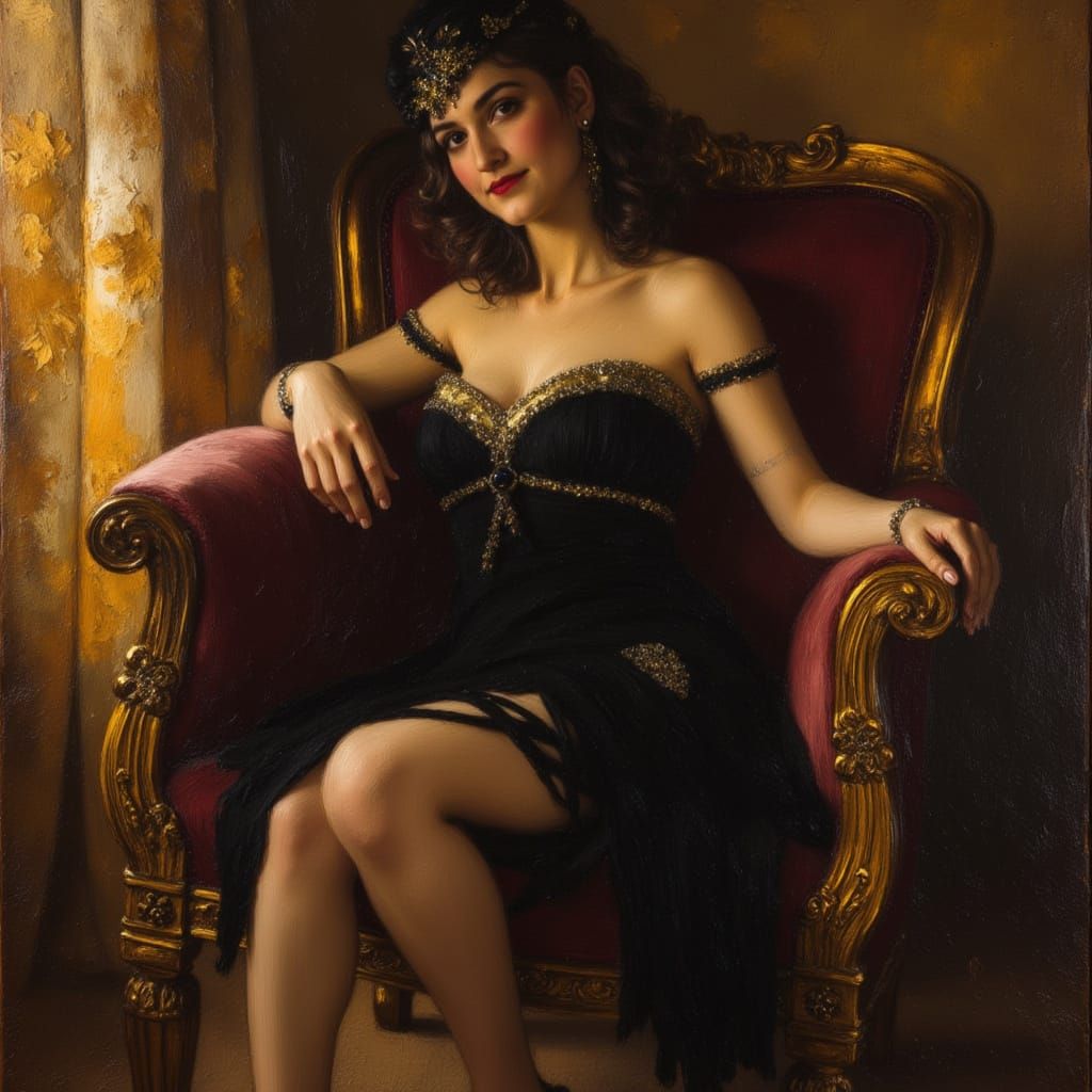 1920s Flapper in Art Deco Parlor, Black and Gold