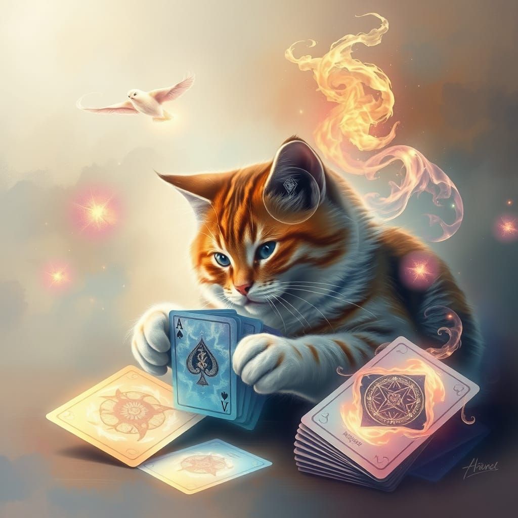 Surreal Cat Plays with Ethereal, Morphing Cards