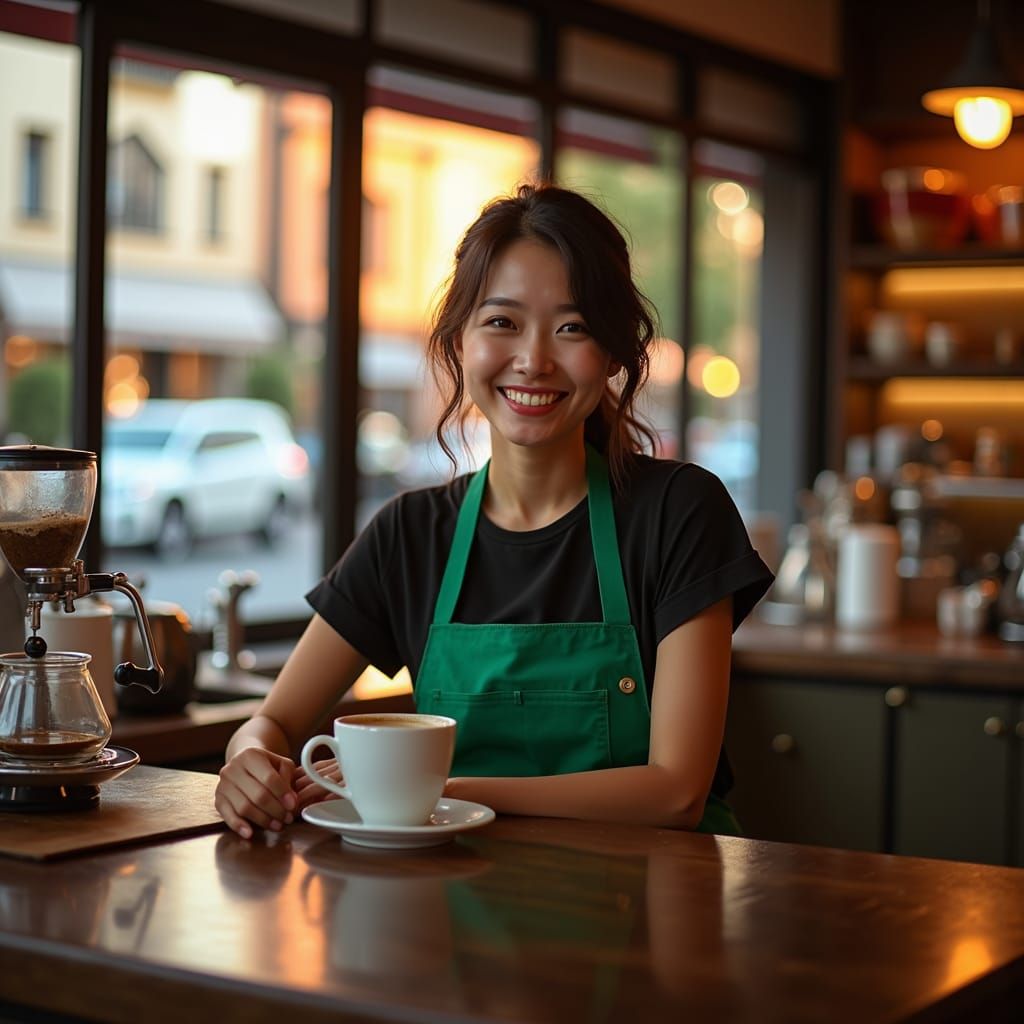 Happy Barista Serving Coffee in Sunny Cafe