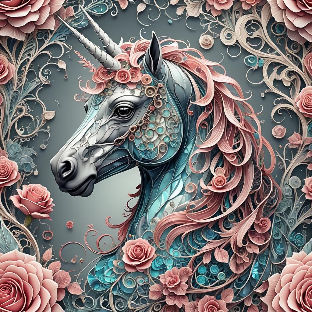 Glass Unicorn with Roses in Abstract Fractal Style