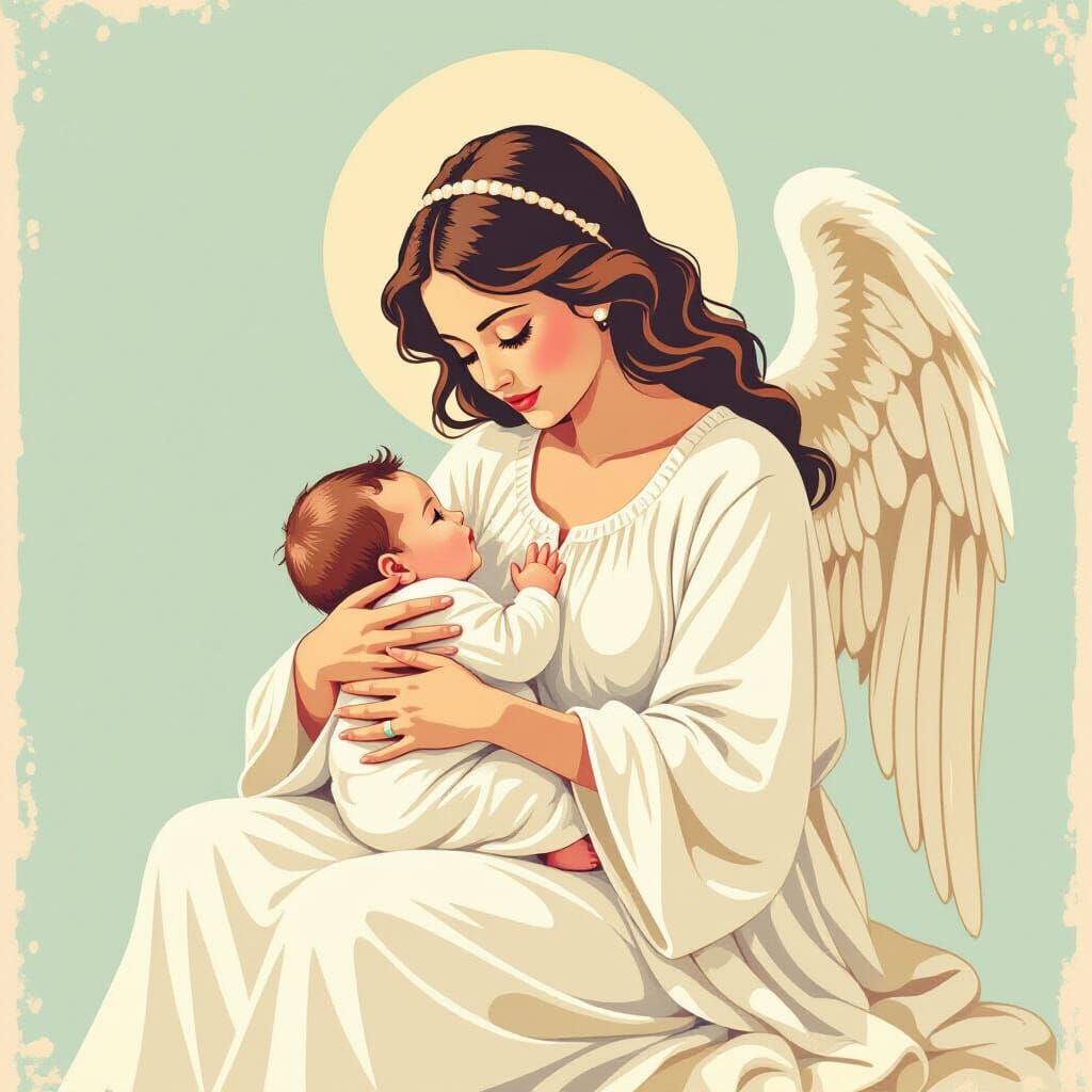 Angel Cradling Baby in Retro Risograph Style